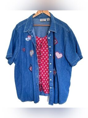 At Last & Co. Plus Shirt Women’s Size 26/28W Blue Red Cotton Embroidered Top